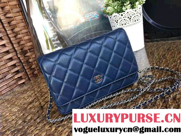 Chanel Grained Metal Wallet On Chain WOC Bag A80982 Navy Blue 2017