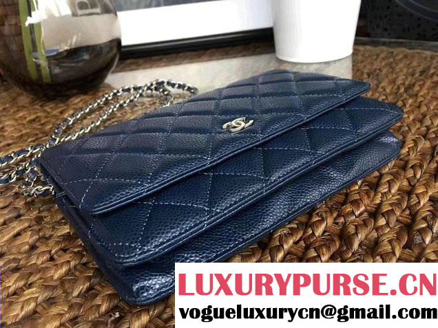 Chanel Grained Metal Wallet On Chain WOC Bag A80982 Navy Blue 2017