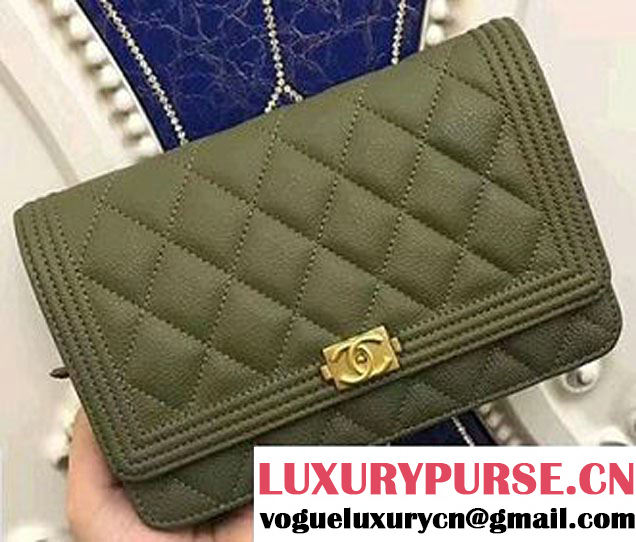 Chanel Boy Wallet On Chain WOC Bag In Grained Leather Olive/Gold