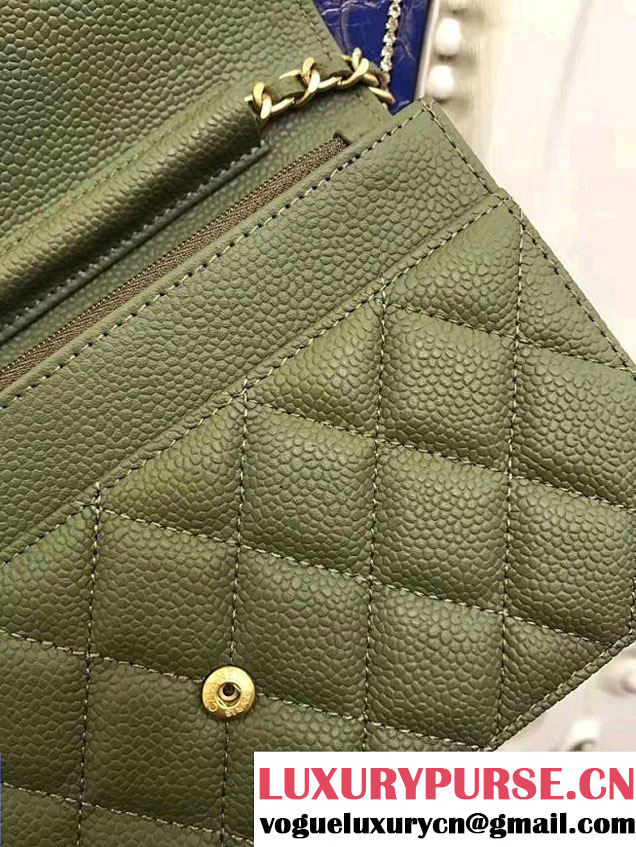 Chanel Boy Wallet On Chain WOC Bag In Grained Leather Olive/Gold
