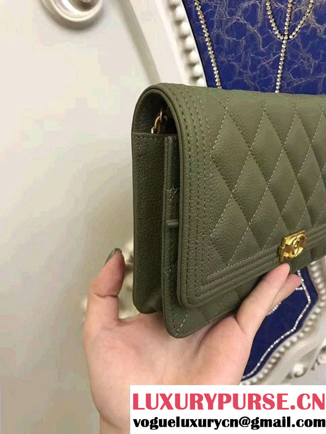 Chanel Boy Wallet On Chain WOC Bag In Grained Leather Olive/Gold
