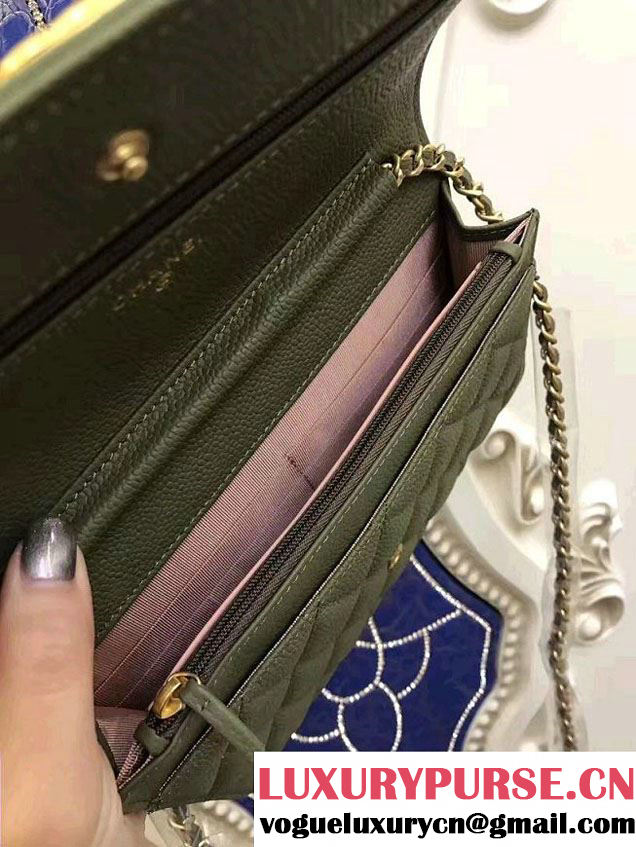 Chanel Boy Wallet On Chain WOC Bag In Grained Leather Olive/Gold