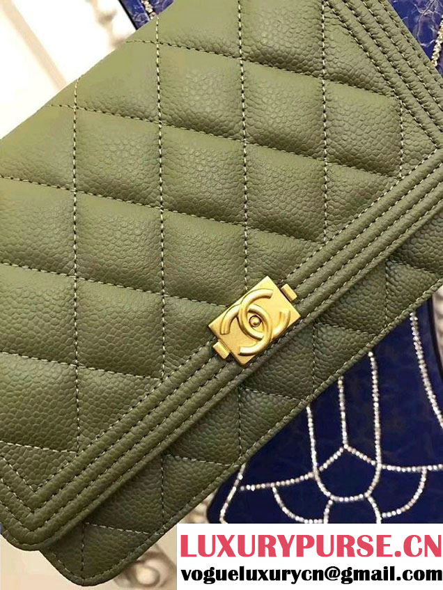Chanel Boy Wallet On Chain WOC Bag In Grained Leather Olive/Gold