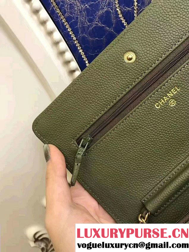 Chanel Boy Wallet On Chain WOC Bag In Grained Leather Olive/Gold