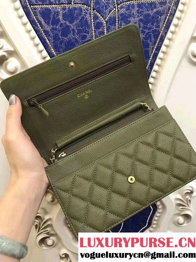 Chanel Boy Wallet On Chain WOC Bag In Grained Leather Olive/Gold