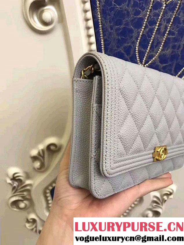 Chanel Boy Wallet On Chain WOC Bag In Grained Leather Gary/Gold