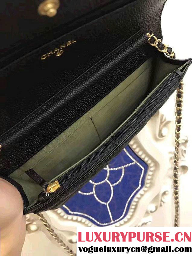 Chanel Boy Wallet On Chain WOC Bag In Grained Leather Black/Gold