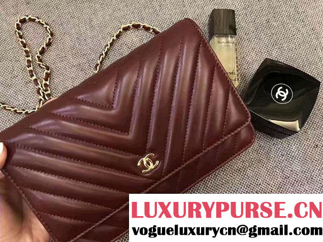 Chanel Chevron Wallet On Chain WOC Bag Burgundy