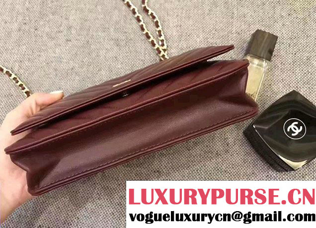 Chanel Chevron Wallet On Chain WOC Bag Burgundy