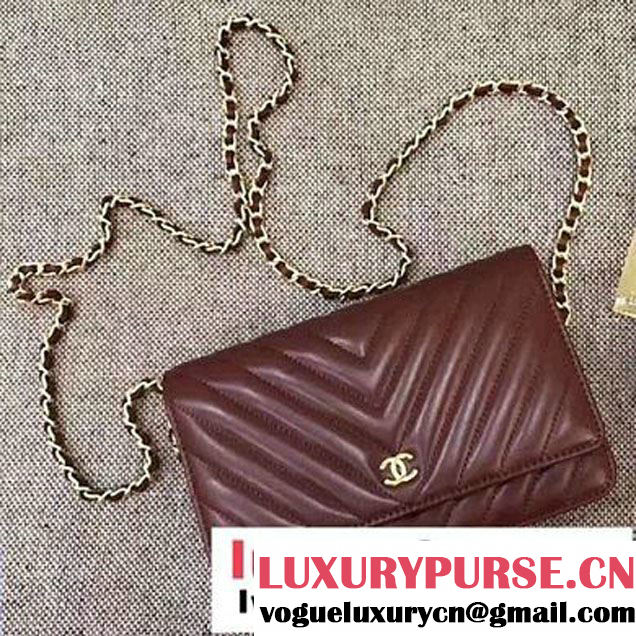 Chanel Chevron Wallet On Chain WOC Bag Burgundy