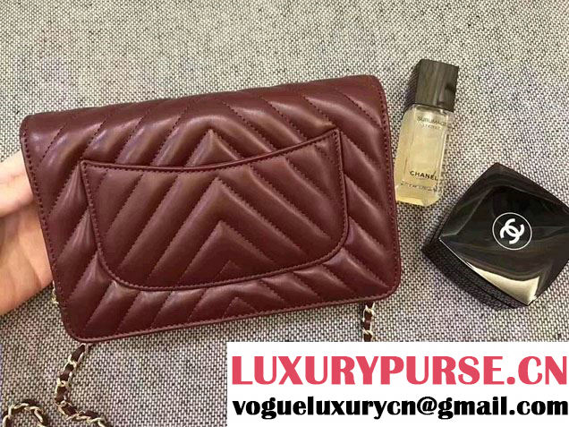 Chanel Chevron Wallet On Chain WOC Bag Burgundy