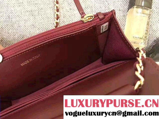 Chanel Chevron Wallet On Chain WOC Bag Burgundy