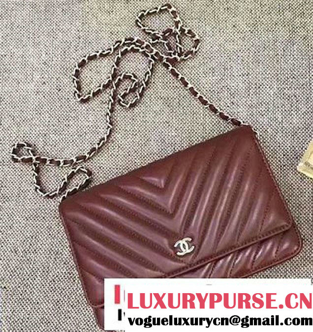 Chanel Chevron Wallet On Chain WOC Bag Burgundy/Sliver