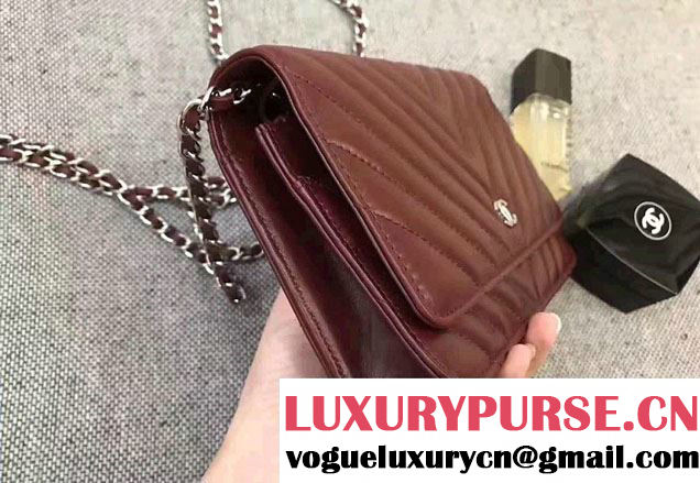 Chanel Chevron Wallet On Chain WOC Bag Burgundy/Sliver
