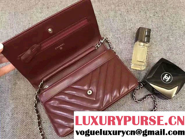 Chanel Chevron Wallet On Chain WOC Bag Burgundy/Sliver