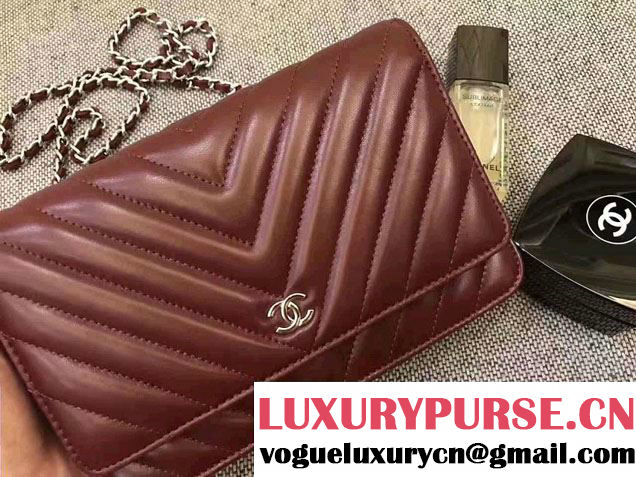 Chanel Chevron Wallet On Chain WOC Bag Burgundy/Sliver