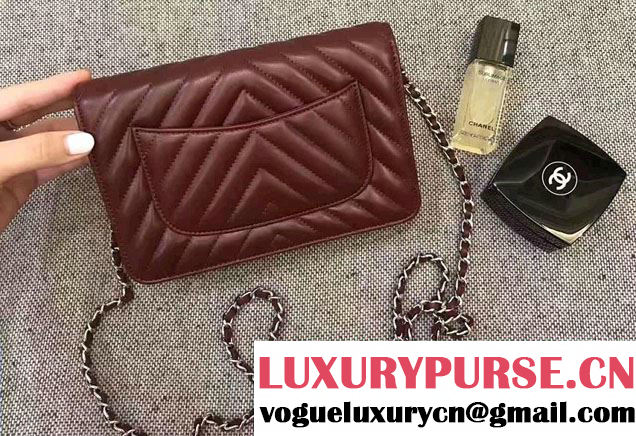Chanel Chevron Wallet On Chain WOC Bag Burgundy/Sliver