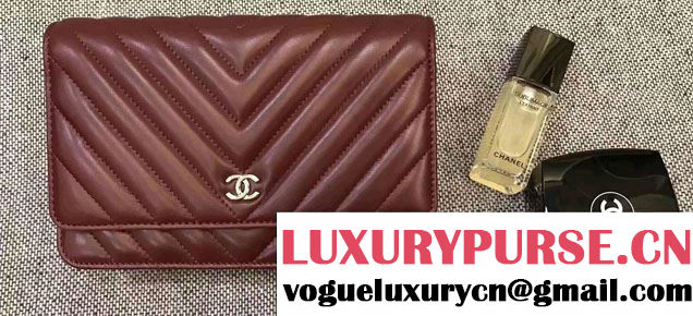 Chanel Chevron Wallet On Chain WOC Bag Burgundy/Sliver