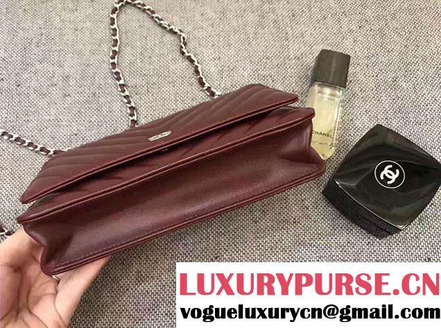 Chanel Chevron Wallet On Chain WOC Bag Burgundy/Sliver