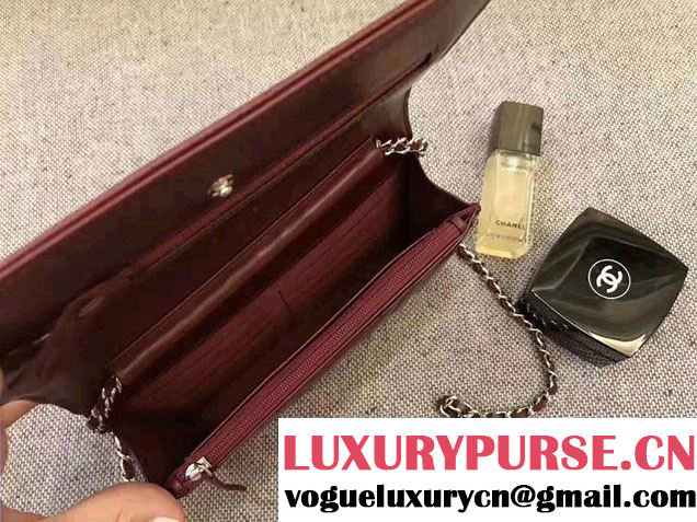 Chanel Chevron Wallet On Chain WOC Bag Burgundy/Sliver