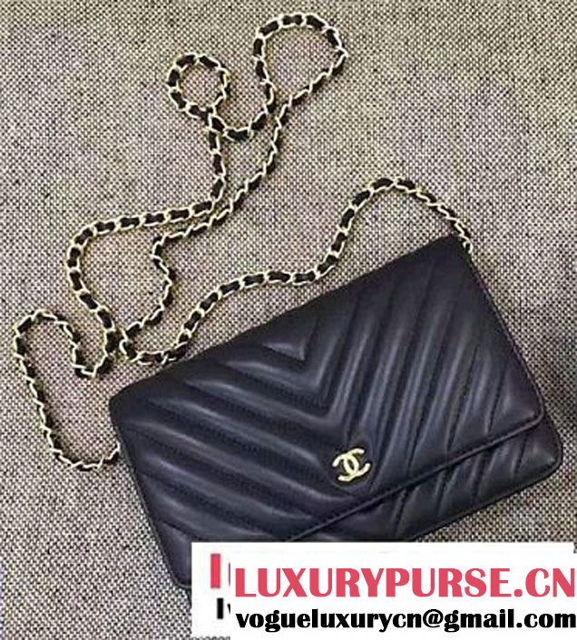 Chanel Chevron Wallet On Chain WOC Bag Navy Blue/Gold