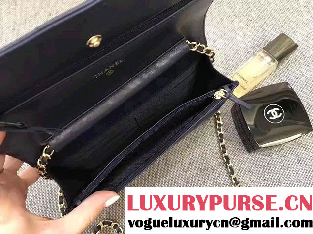 Chanel Chevron Wallet On Chain WOC Bag Navy Blue/Gold