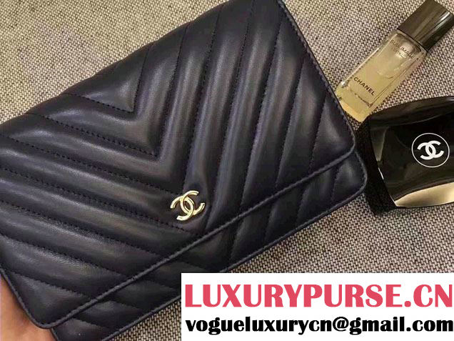 Chanel Chevron Wallet On Chain WOC Bag Navy Blue/Gold