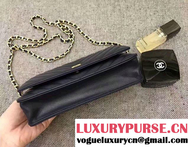 Chanel Chevron Wallet On Chain WOC Bag Navy Blue/Gold