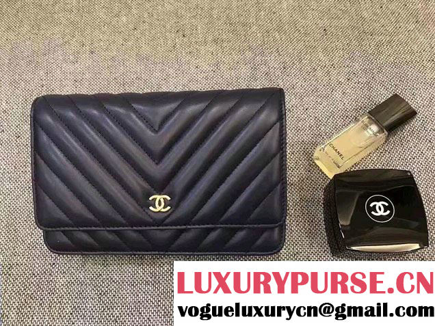 Chanel Chevron Wallet On Chain WOC Bag Navy Blue/Gold