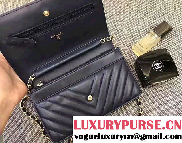 Chanel Chevron Wallet On Chain WOC Bag Navy Blue/Gold
