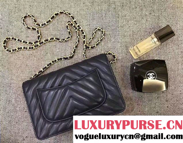 Chanel Chevron Wallet On Chain WOC Bag Navy Blue/Gold