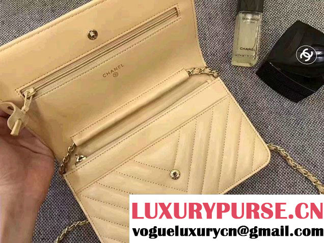 Chanel Chevron Wallet On Chain WOC Bag Beige/Gold
