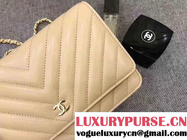 Chanel Chevron Wallet On Chain WOC Bag Beige/Gold