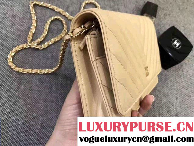 Chanel Chevron Wallet On Chain WOC Bag Beige/Gold