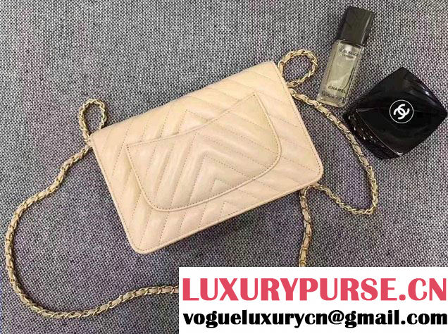 Chanel Chevron Wallet On Chain WOC Bag Beige/Gold