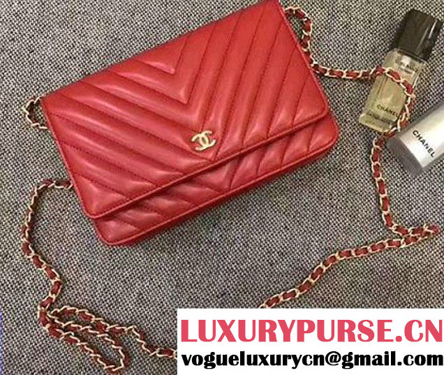 Chanel Chevron Wallet On Chain WOC Bag Red/Gold