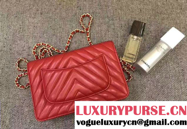 Chanel Chevron Wallet On Chain WOC Bag Red/Gold