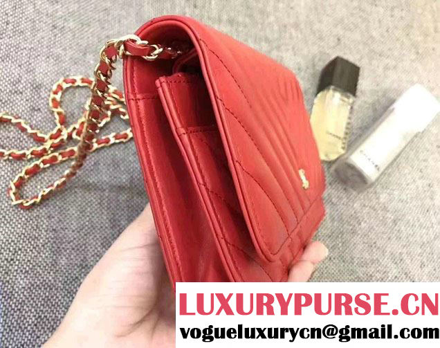 Chanel Chevron Wallet On Chain WOC Bag Red/Gold