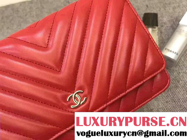 Chanel Chevron Wallet On Chain WOC Bag Red/Gold