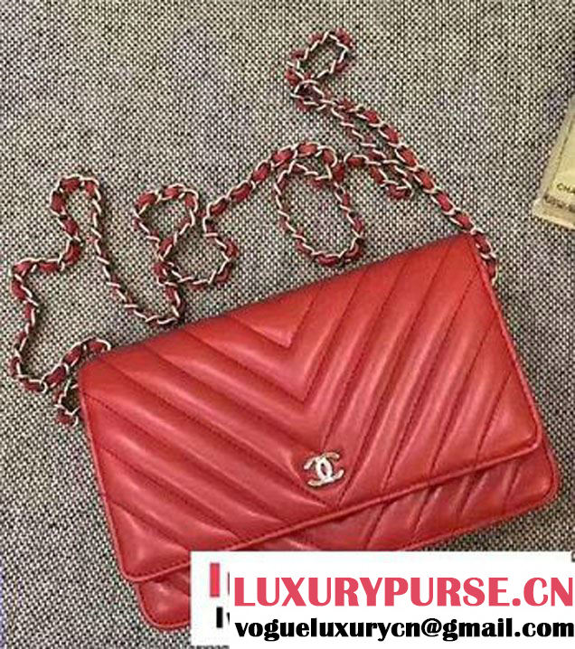 Chanel Chevron Wallet On Chain WOC Bag Red/Sliver