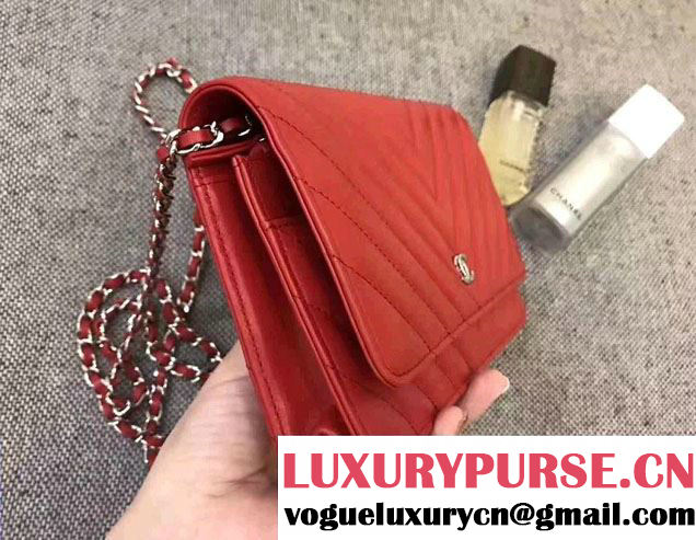 Chanel Chevron Wallet On Chain WOC Bag Red/Sliver