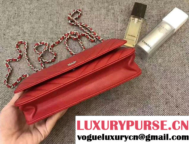 Chanel Chevron Wallet On Chain WOC Bag Red/Sliver