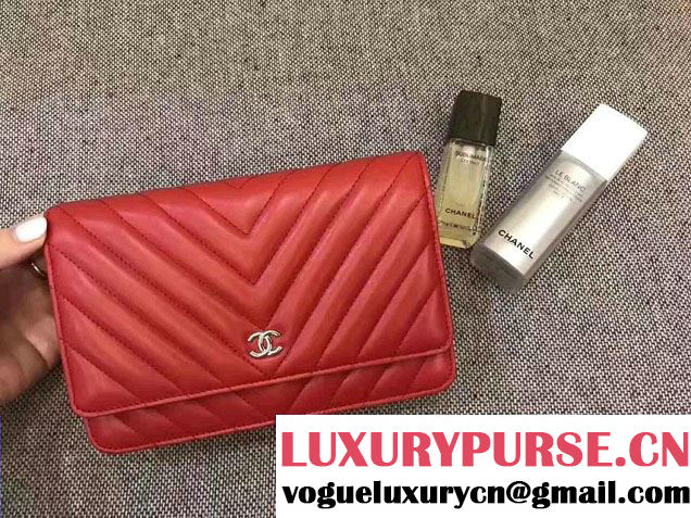 Chanel Chevron Wallet On Chain WOC Bag Red/Sliver