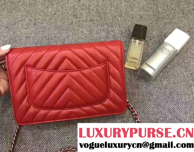Chanel Chevron Wallet On Chain WOC Bag Red/Sliver