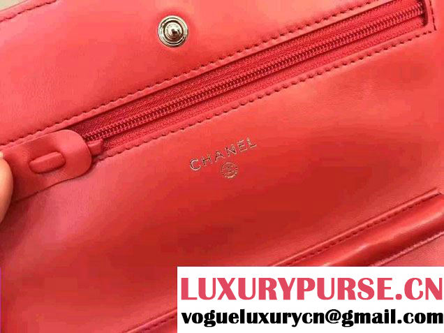 Chanel Chevron Wallet On Chain WOC Bag Red/Sliver