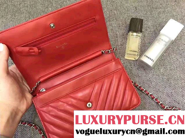 Chanel Chevron Wallet On Chain WOC Bag Red/Sliver