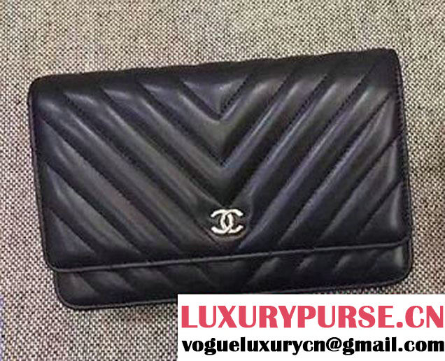 Chanel Chevron Wallet On Chain WOC Bag Navy Blue/Sliver