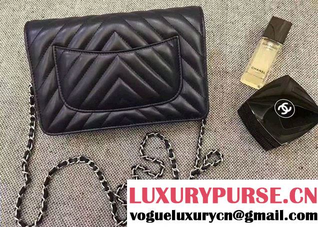 Chanel Chevron Wallet On Chain WOC Bag Navy Blue/Sliver