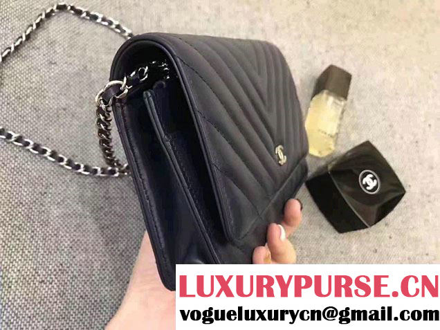 Chanel Chevron Wallet On Chain WOC Bag Navy Blue/Sliver
