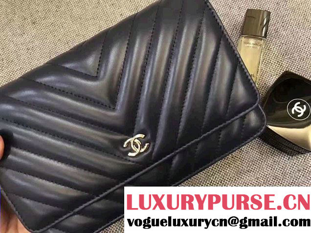 Chanel Chevron Wallet On Chain WOC Bag Navy Blue/Sliver